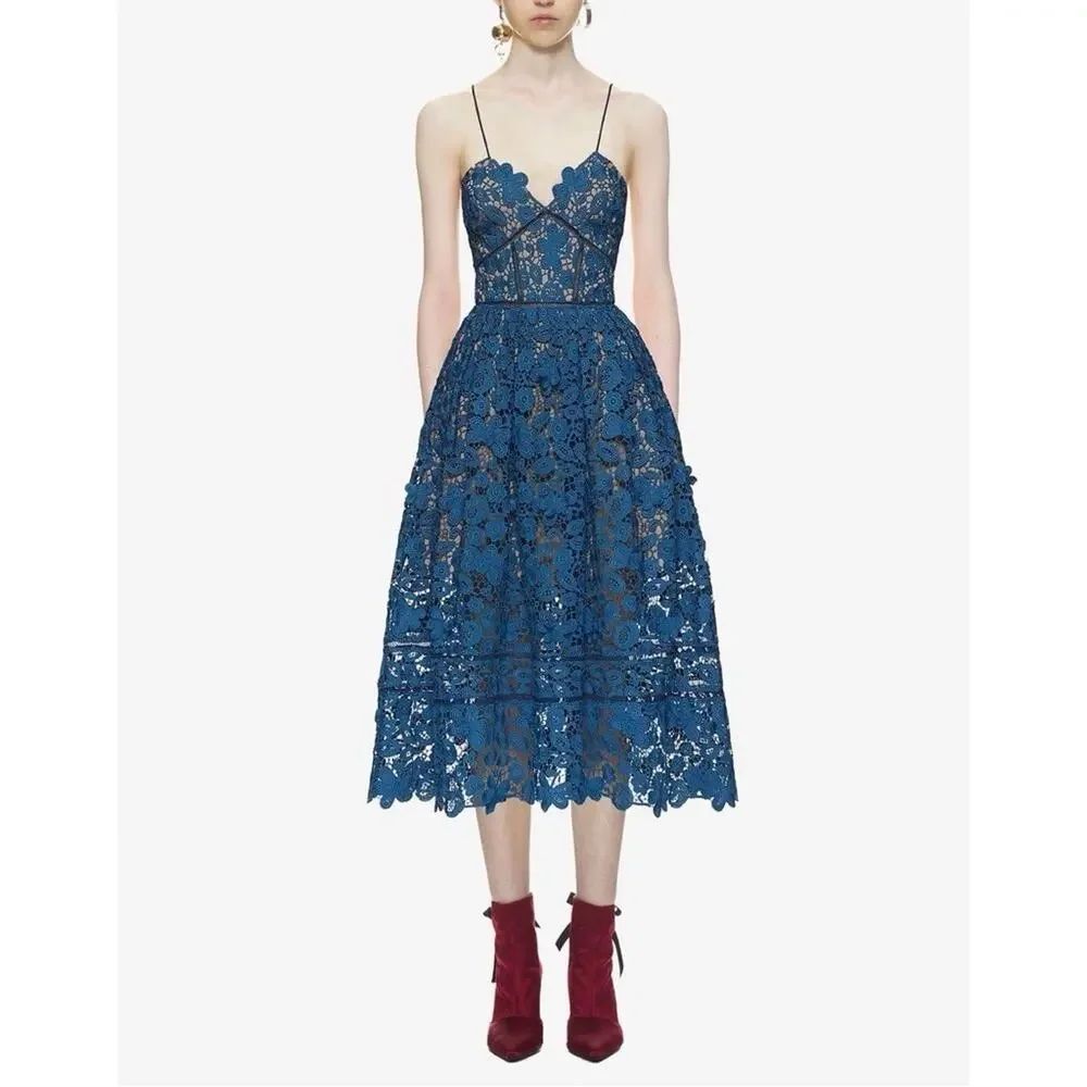Self-Portrait Azalea 3D Floral Guipure Lace Midi Dress Blue US 6